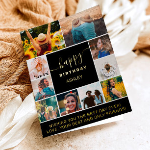 Modern simple birthday black 10 photo collage grid foil greeting card
