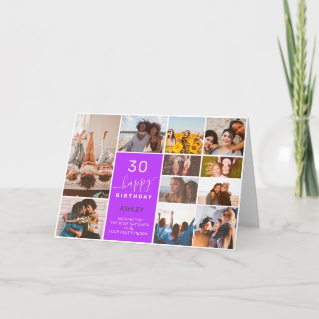 Modern simple birthday purple 12 photo collage card (Front)