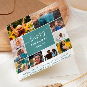 Modern simple birthday teal 10 photo collage grid card