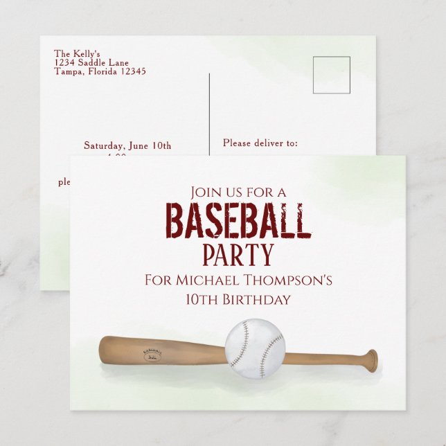Modern Simple Birthday Watercolor Baseball Bat Postcard (Front/Back)