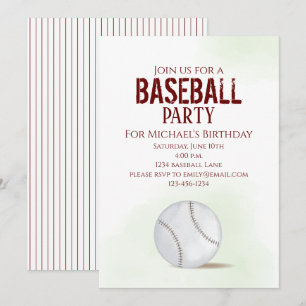 Modern Simple Birthday Watercolor Baseball Cute Invitation