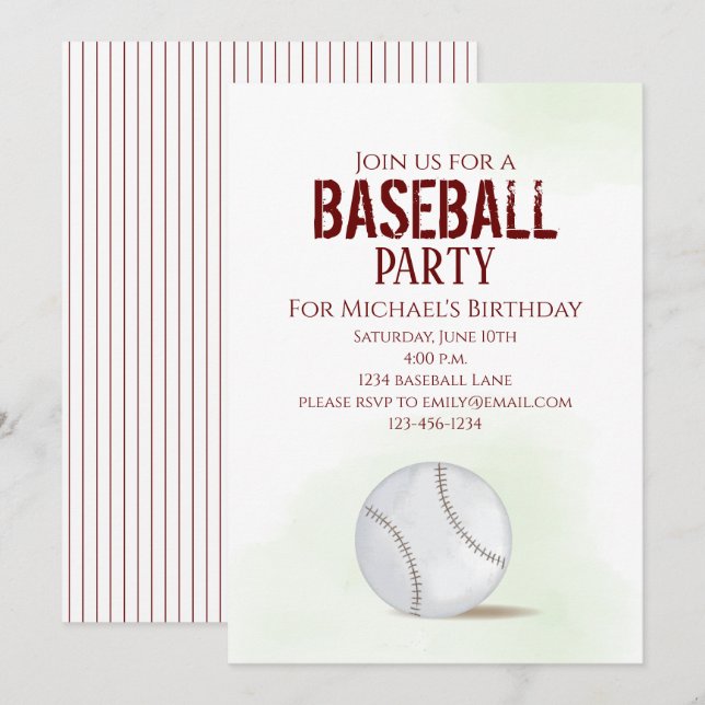 Modern Simple Birthday Watercolor Baseball Cute Invitation (Front/Back)