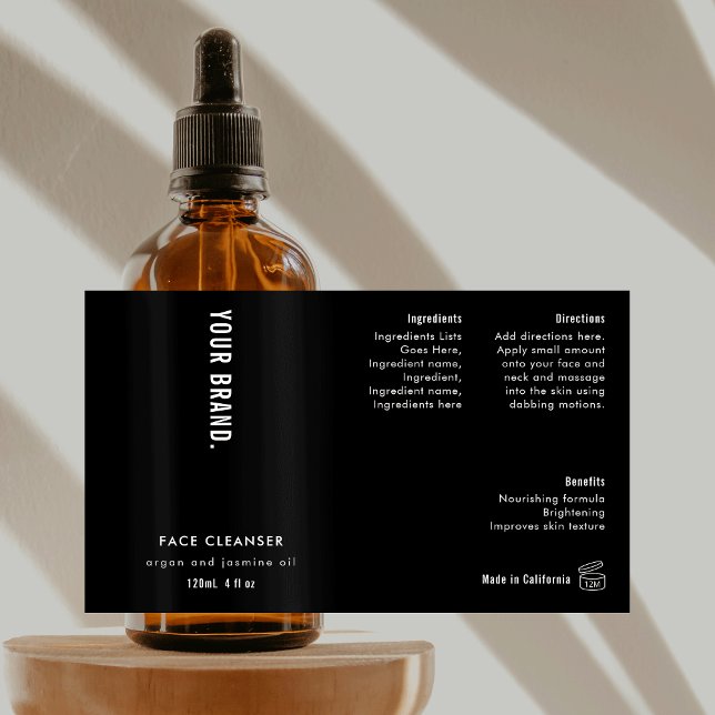 Modern Simple Black 4 OZ Cosmetic Bottle Label (Minimalist Black & White 4 OZ Cosmetic Bottle Label *verify size to ensure a good fit*)