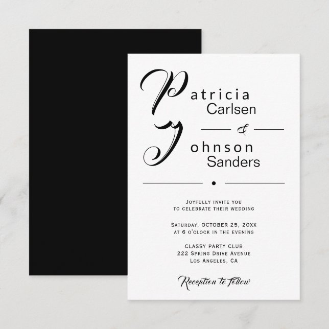 Modern simple black and white calligraphy wedding invitation (Front/Back)