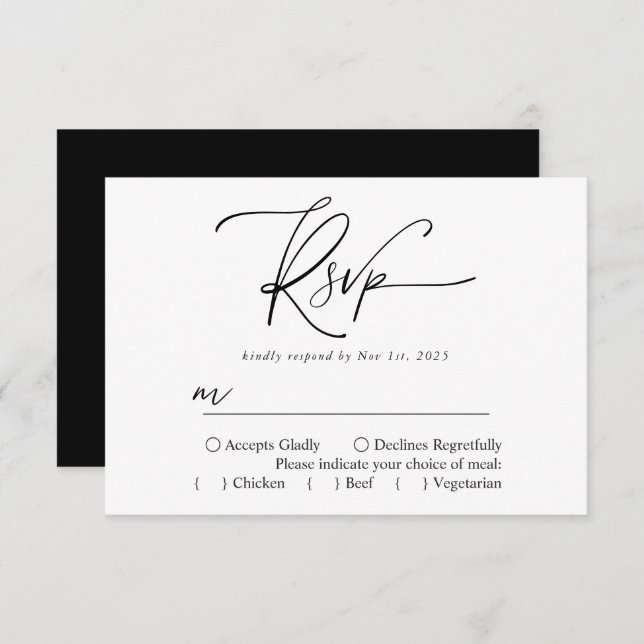 Modern Simple Black And White Elegant Calligraphy RSVP Card (Front/Back)