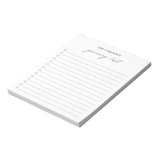 Modern Simple Black and White Elegant Grocery List Notepad (Rotated)