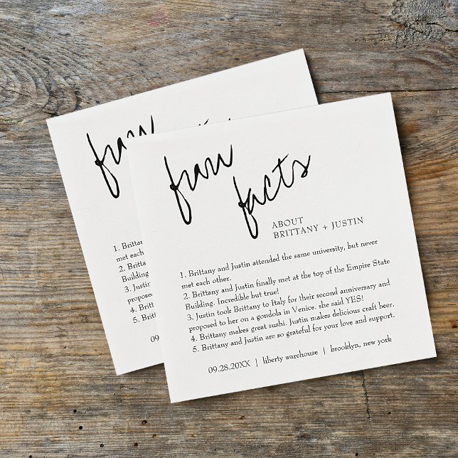 Modern Simple Black and White Fun Facts Wedding Napkin (Creator Uploaded)