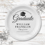 Modern Simple Black And White Graduation Party Paper Plate<br><div class="desc">An elegant black and white graduation party paper plate featuring a black cap topper with your grads details set in modern typography. Designed by Thisisnotme©</div>