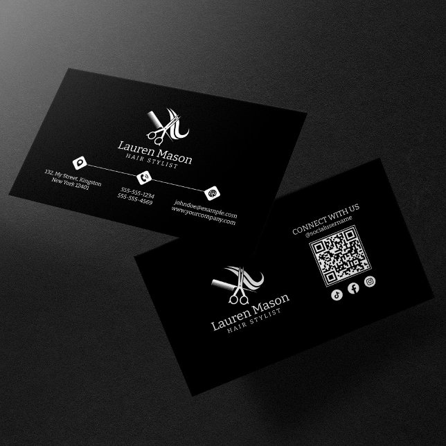 Modern Simple Black and White Hair Stylist QR Code Business Card (Creator Uploaded)
