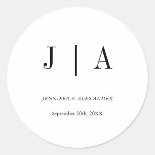 Modern Simple Black And White Monogram Couple Name Classic Round Sticker