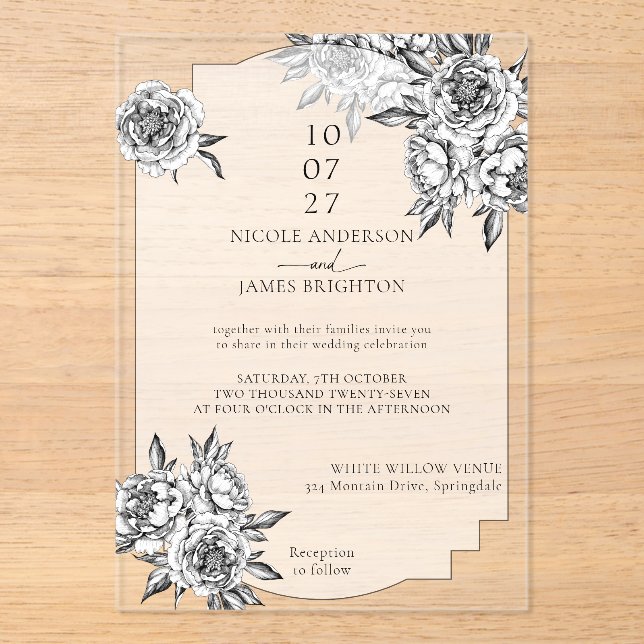 Modern simple black and white peonies wedding acrylic invitations (Front)