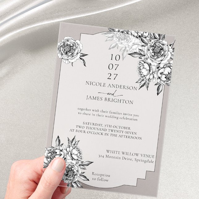 Modern simple black and white peonies wedding acrylic invitations (Creator Uploaded)