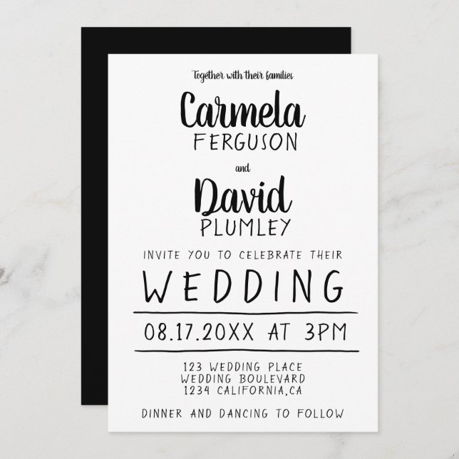 Modern simple black and white typography  wedding invitation (Front/Back)