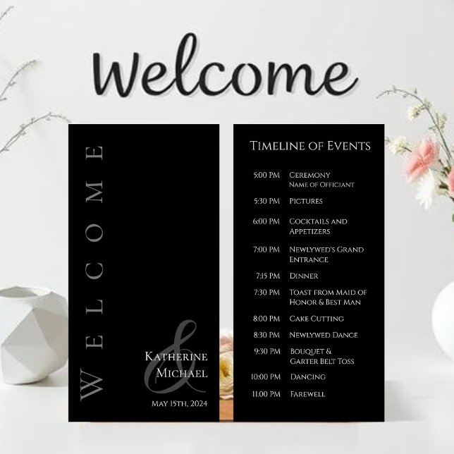 Modern Simple Black and White-Wedding Program- (Minimalist Modern Black and White Welcome Wedding Program-Timeline of Events)