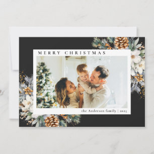 Modern Simple Black Botanical   Photo Christmas Holiday Card
