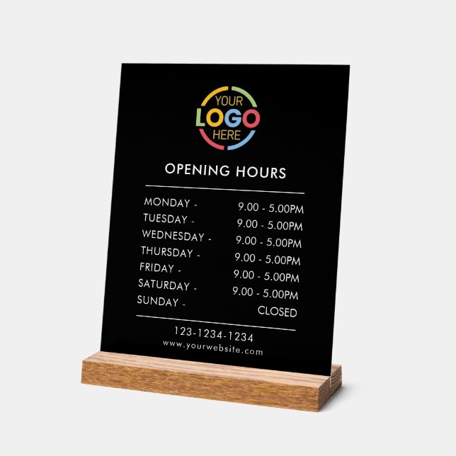 Modern Simple Black | Business Logo Opening Hours Acrylic Sign (Angle)