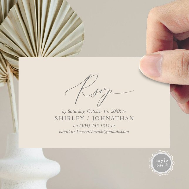 Modern Simple Black Calligraphy, Wedding RSVP Enclosure Card (Wedding Dinner Invitation RSVP Enclosed Card, Online, Email, Modern Romantic, in Dark Grey Cream)