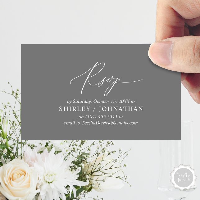 Modern Simple Black Calligraphy, Wedding RSVP Enclosure Card (Wedding Dinner Invitation RSVP Enclosed Card, Online, Email, Modern Romantic, in Dark Grey)