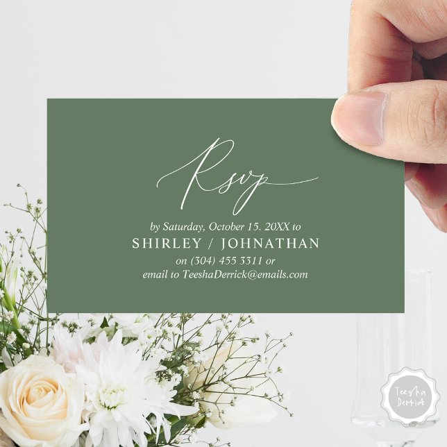 Modern Simple Black Calligraphy, Wedding RSVP Enclosure Card (Wedding Dinner Invitation RSVP Enclosed Card, Online, Email, Modern Romantic, in Forest Sage Green)