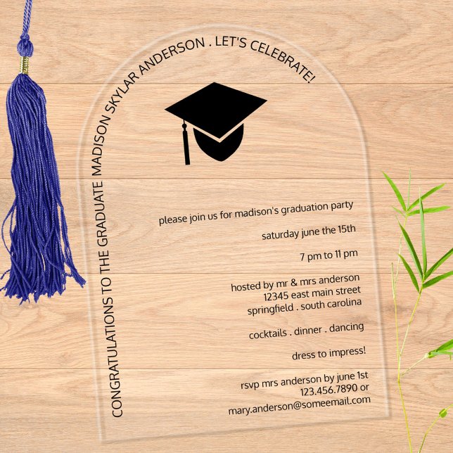 Modern Simple Black Cap N Tassel Arch Graduation Acrylic Invitations (Curving text along the arched clear acrylic adds interest to these modern graduation invitations)