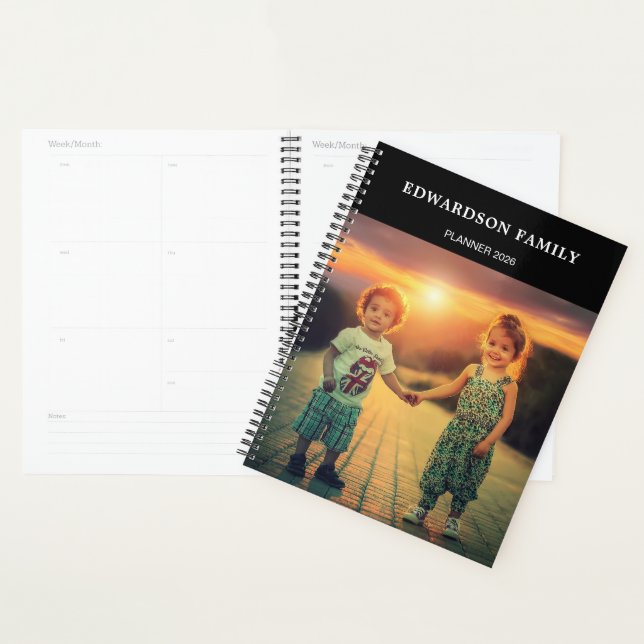 Modern simple black family photos monogrammed planner (Display)