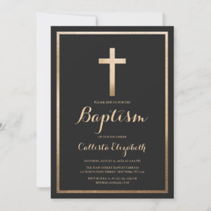Modern Simple Black Gold Cross Border Baptism Invitation