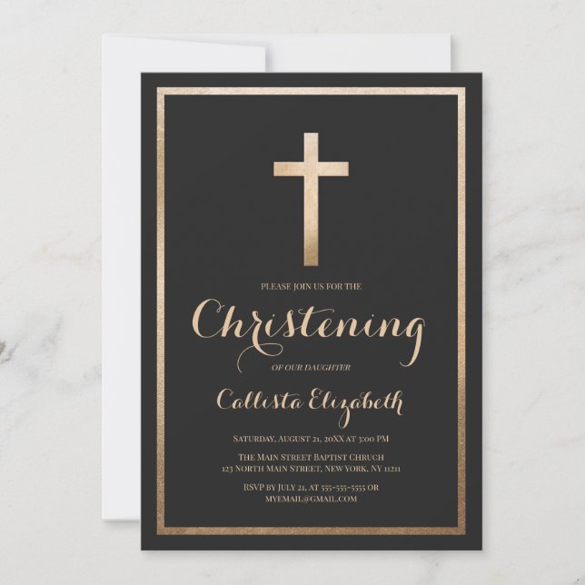 Modern Simple Black Gold Cross Border Christening Invitation (Front)