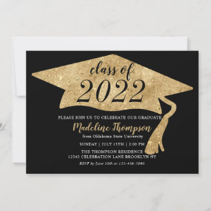 Modern Simple Black Gold Graduation Hat Party Invi Invitation
