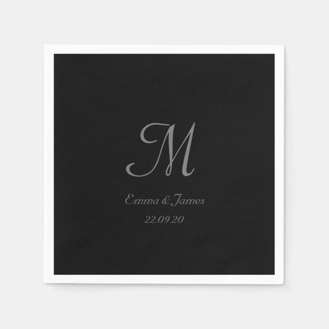 Modern Simple Black Grey Script Monogram Name  Napkin (Front)