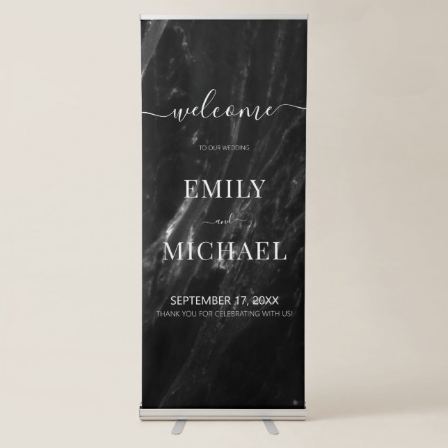 Modern Simple Black Marble Elegant Wedding Welcome Retractable Banner (Front)