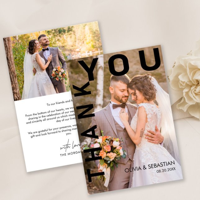Modern Simple Black Overlay Text Wedding Photo Thank You Card (Creator Uploaded)