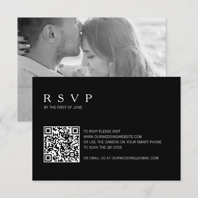 Modern Simple Black Photo QR Code Wedding RSVP Card (Front/Back)