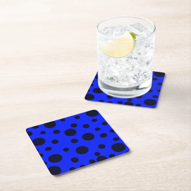 Modern Simple Black polka dot on Blue pattern Square Paper Coaster (Insitu)
