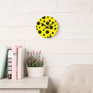 Modern Simple Black polka dot yellow pattern Round Clock