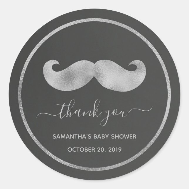 Modern Simple Black Silver Moustache Thank You Classic Round Sticker (Front)