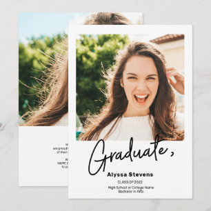 Modern simple black white 2 photos graduation announcement