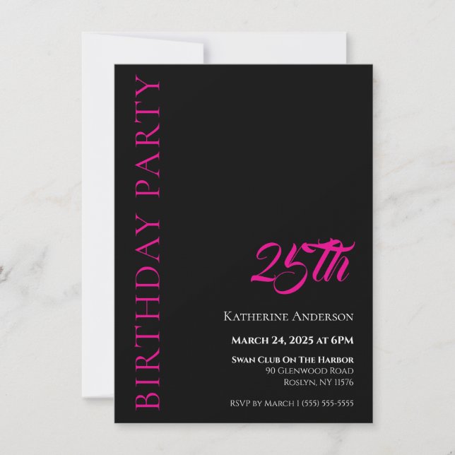 Modern Simple Black White and Pink Birthday Invitation (Front)