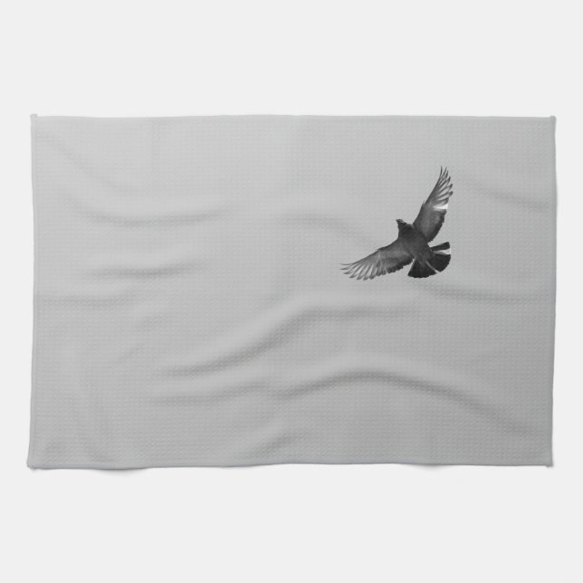 Modern simple black white flying bird pigeon photo tea towel (Horizontal)