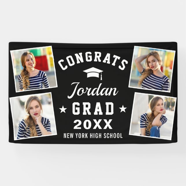 Modern Simple Black White Graduation Party 4 PHOTO Banner (Horizontal)