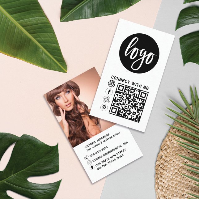 Modern Simple Black White Logo Photo QR Code Business Card (Creator Uploaded)