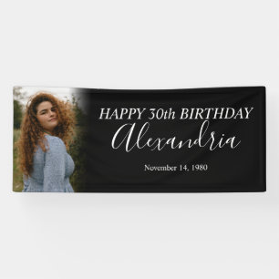 Modern Simple Black White Photo Birthday Party Banner