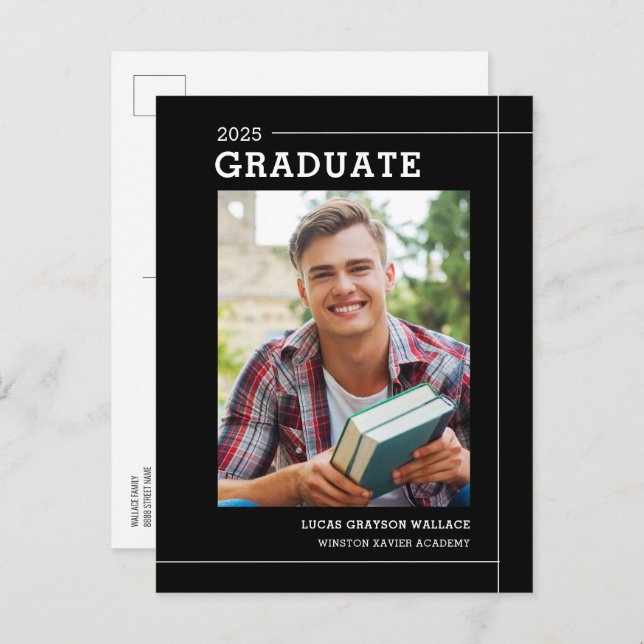 Modern Simple Black White Photo Graduation Announcement Postcard (Front/Back)