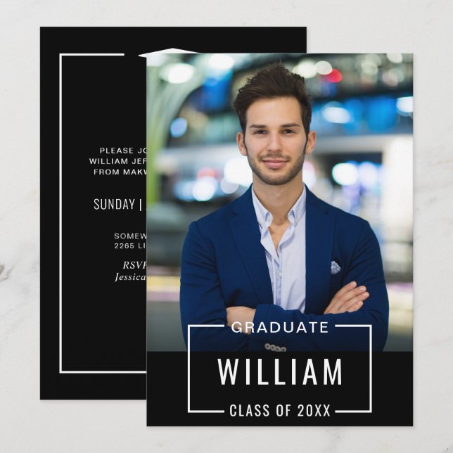 Modern Simple Black White PHOTO Graduation Party Invitation (Front/Back)