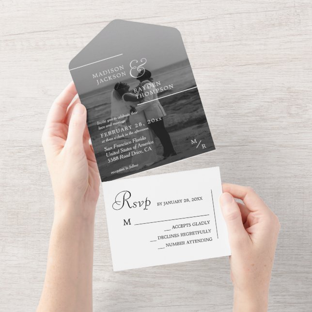 Modern Simple Black White Photo Wedding All In One Invitation (Tearaway)