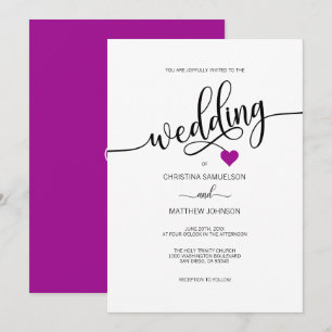 Modern Simple Black, White Purple Heart Wedding Invitation