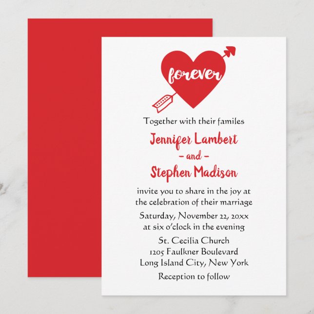 Modern Simple Black, White Red Heart Wedding Invitation (Front/Back)