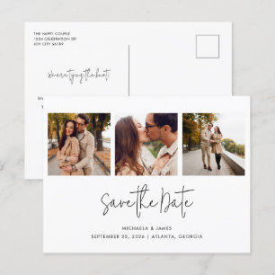Modern Simple Black White Script 3 Photo Wedding S Announcement Postcard