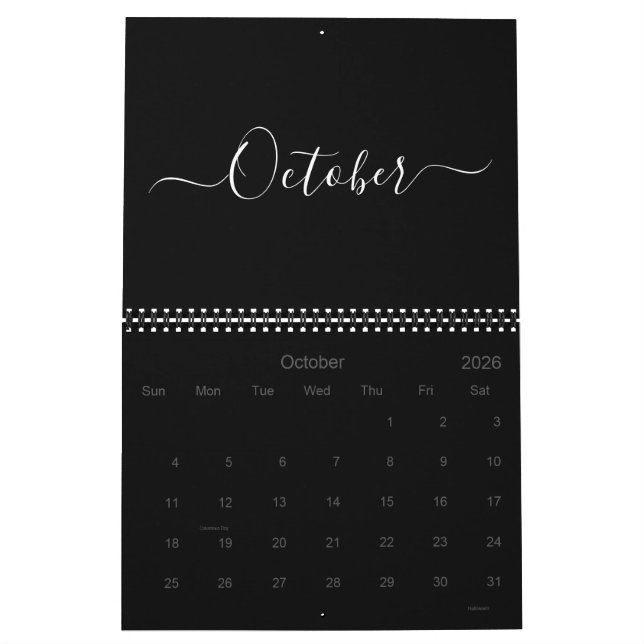 Modern simple black white script month 2024 calendar (Oct 2026)