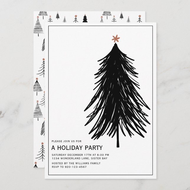 Modern Simple Black White Tree Holiday Party Invit Invitation (Front/Back)