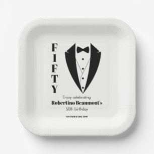 Modern Simple Black White Tuxedo 50th Birthday Paper Plate